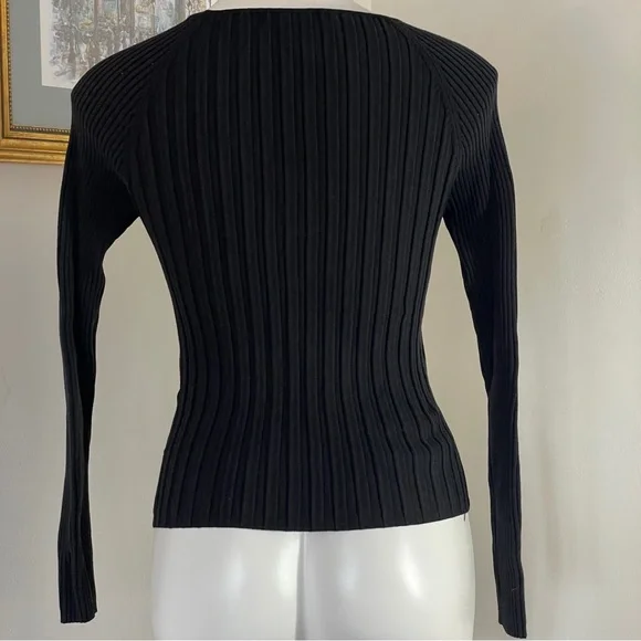 August Silk Petite PS Black Ribbed Sweater Gold Buttons Long Sleeve Y2K Preppy - Picture 5 of 9
